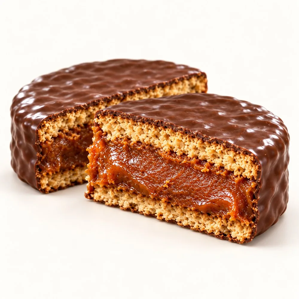 Alfajor Oveja Negra cortado a la mitad mostrando su relleno de manjar